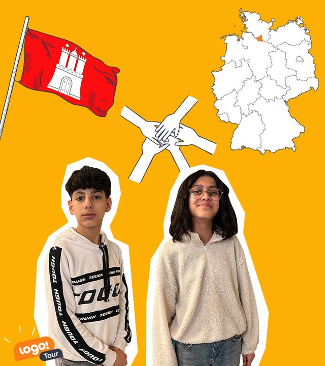 Ein Junge und ein Mädchen, mehrere Hände, die sich halten, eine Deutschlandkarte, die Flagge von Hamburg