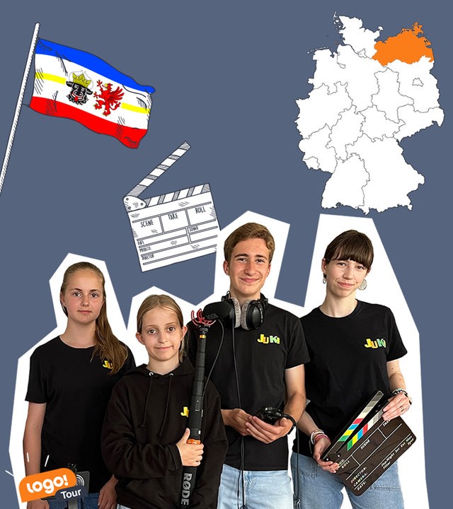 Vier Kinder mit Filmklappe und Videotechnik, Deutschlandkarte, Flagge Mecklenburg-Vorpommern