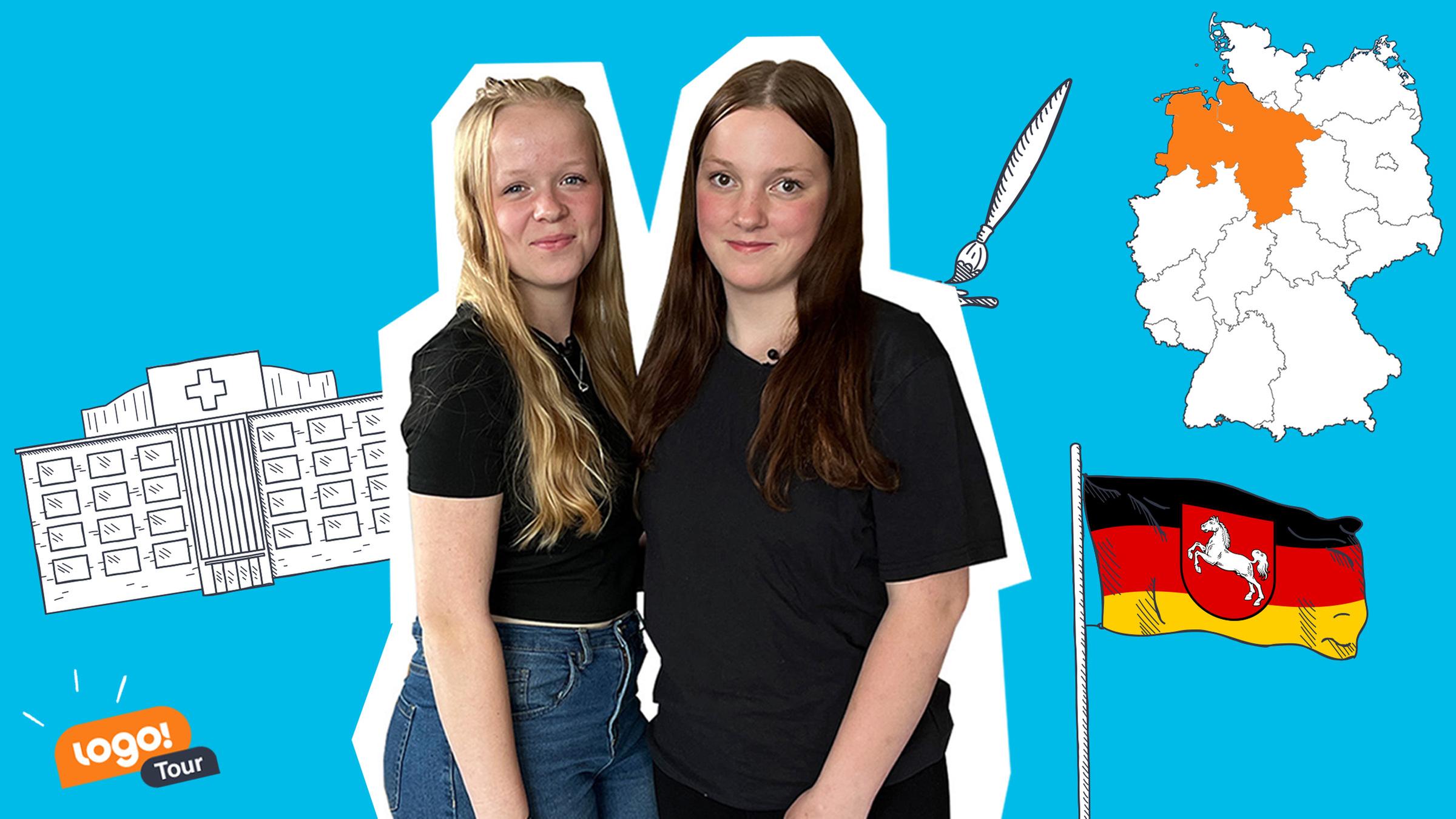 Zwei Mädchen stehen neben einer Deutschlandkarte und der niedersächsischen Flagge. Im Hintergrund sind ein Krankenhaus und ein Pinsel zu sehen.
