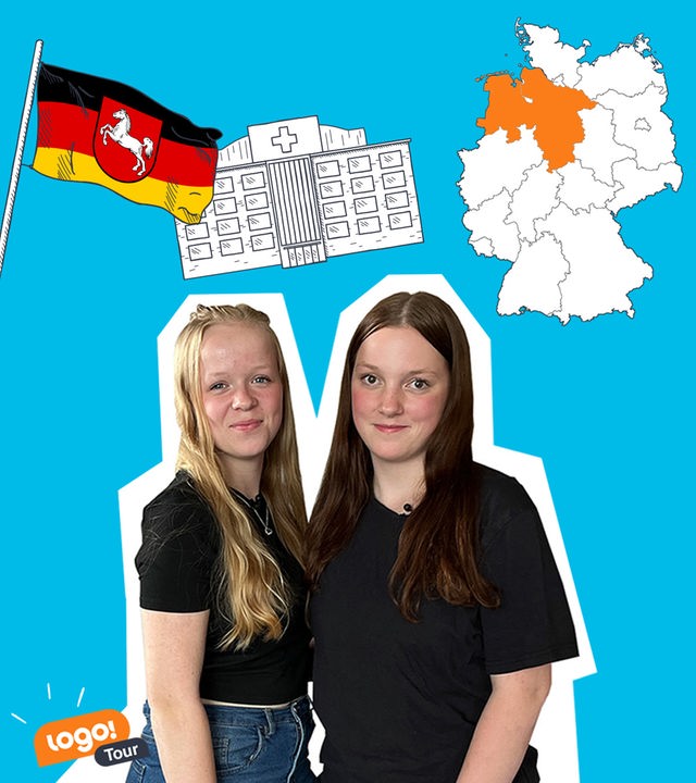 Zwei Mädchen stehen neben einer Deutschlandkarte und der niedersächsischen Flagge. Im Hintergrund sind ein Krankenhaus und ein Pinsel zu sehen.