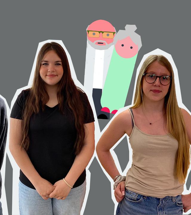 Drei Kinder stehen neben einer Deutschlandkarte und der Flagge von Rheinland-Pfalz. Hinter ihnen sieht man zwei ältere Menschen.