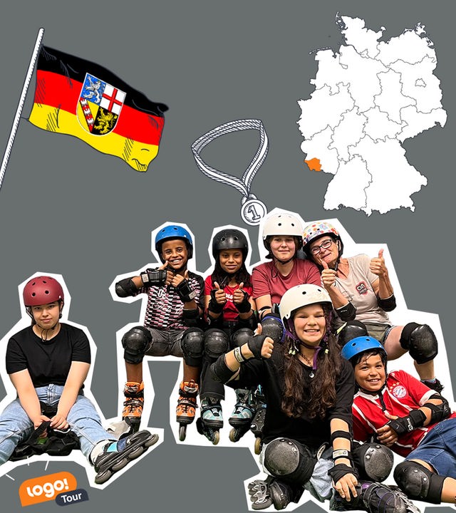 Viele Kinder sitzen mit Rollschuhen und Helmen neben der Deutschlandkarte und der saarländischen Flagge.