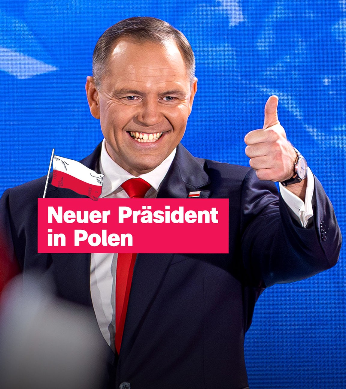 Der neue Präsident Karol Nawrocki. Rechts davon der Text "Neuer Präsident in Polen".
