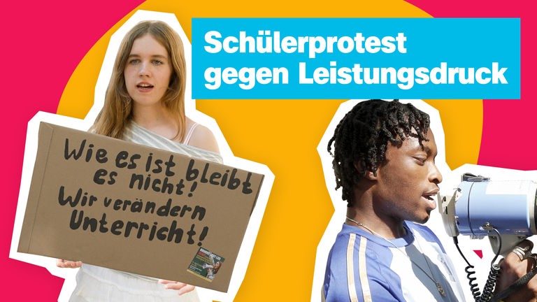 Eine Collage mit rot, gelbem Hintergrund zeigt einen Jungen und ein Mädchen. Er hält ein Megafon in der Hand, sie ein Plakat. Darüber steht in einem blauen Kasten: Schülerprotest gegen Leistungsdruck