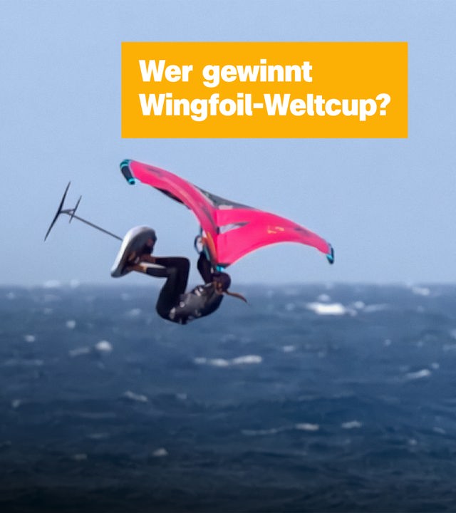 Ein Mensch auf dem Meer beim Wingfoiling, daneben steht auf einem gelben Kästchen: "Wer gewinnt Wingfoil-Weltcup?"
