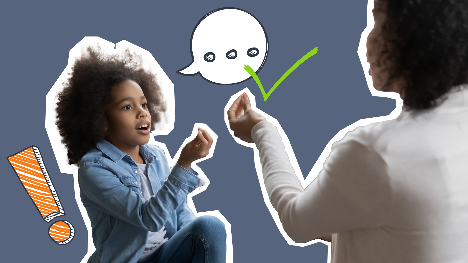 Ein Mädchen mit dunklen Locken sitzt gegenüber von einer Frau, die man von hinten sieht und formt mit ihrem Mund ein O.Ihre Hand ist gehoben und ihre Finger berühren sich.  