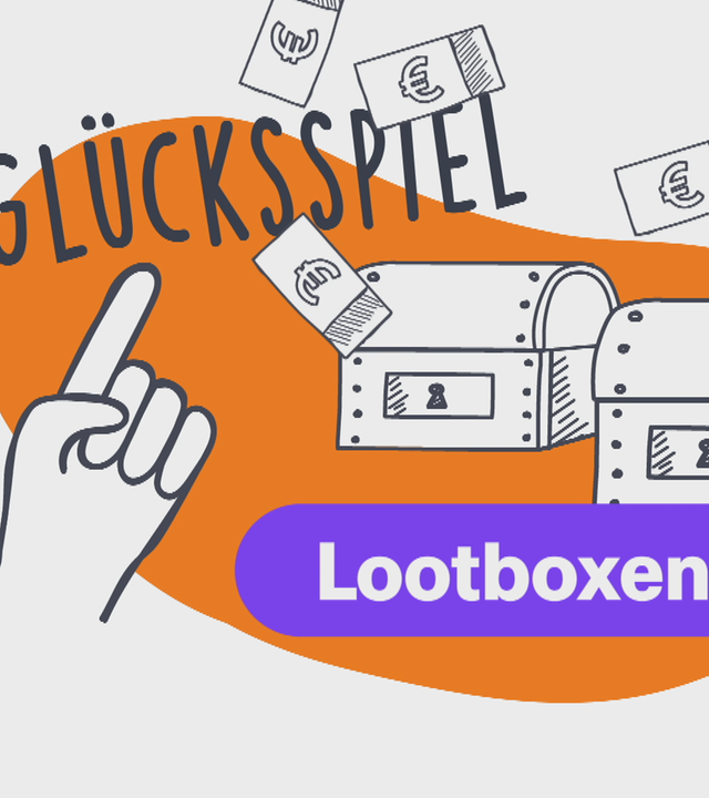 Zwei Schatztruhen, über denen es Geldscheine regnet, eine Hand mit erhobenen Finger, darauf zu lesen: Glücksspiel, Lootboxen