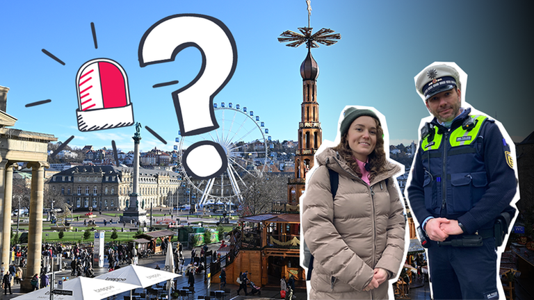Im Hintergrund der Stuttgarter Weihnachtsmarkt bei blauem Himmel, davor Lotte und ein Polizist sowie ein Fragezeichen und ein Symbol für Alarm