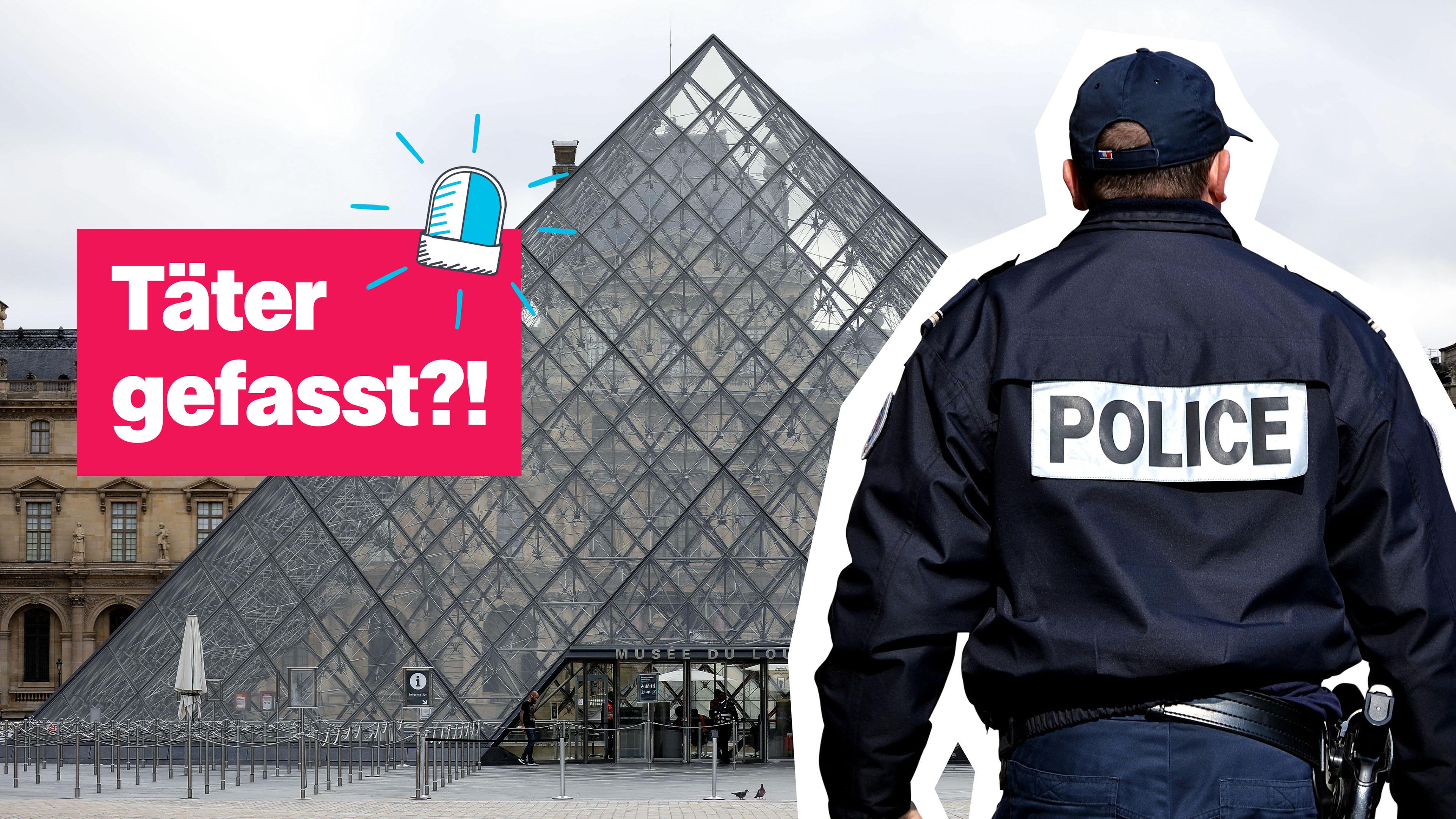 Rechts ein Polizeibeamter von hinten, im Hintergrund die Glaspyramide des Louvre. Links der Text: "Täter gefasst?"