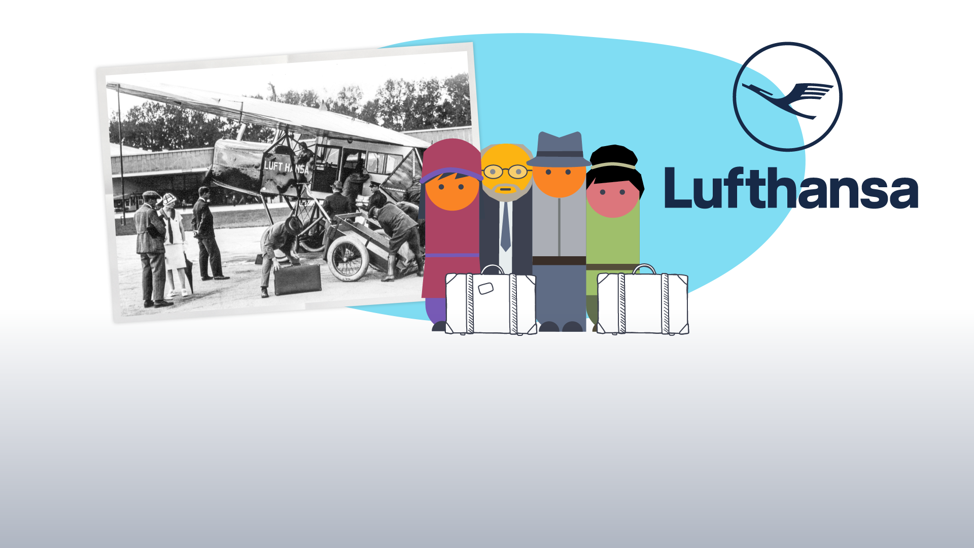 Bildcollage: Altes Foto von erstem Lufthansa-Flug in schwarz/weiß, daneben grafische Menschen mit Koffern und Lufthansa-Symbol