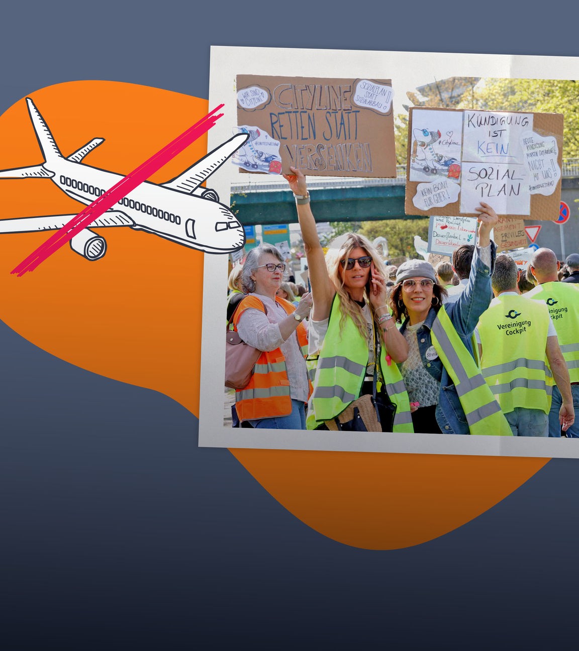 Bildcollage: Streikende in BIlderrahmen, daneben grafisches Flugzeug durchgestrichen