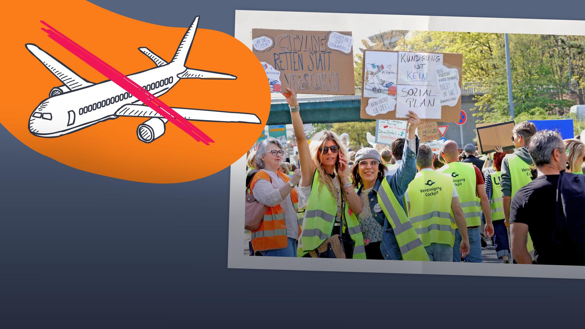 Bildcollage: Streikende in BIlderrahmen, daneben grafisches Flugzeug durchgestrichen