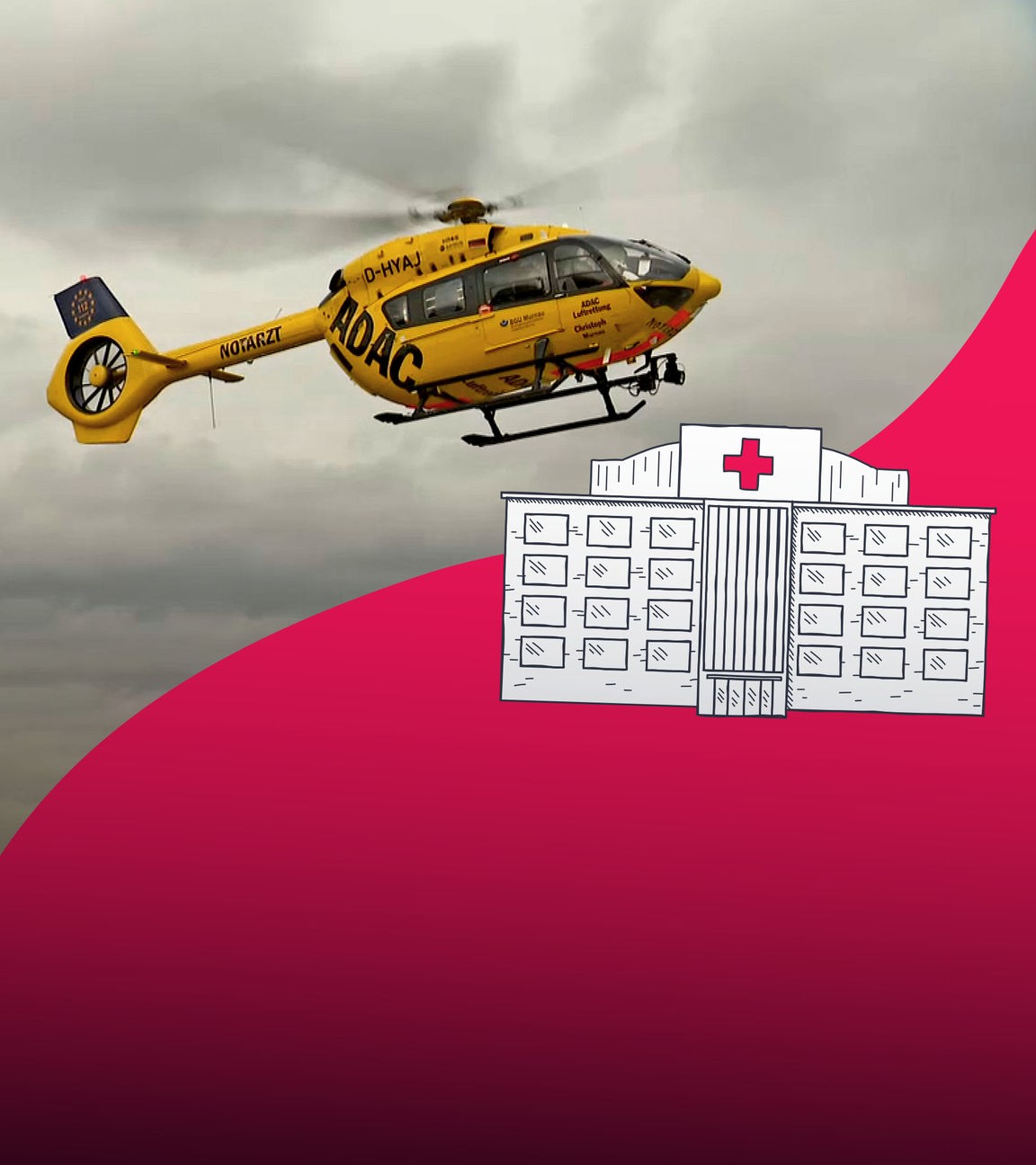 Bildcollage: Rettungshubschrauber am Himmel, daneben grafisches Krankenhaus auf roten Hintergrund
