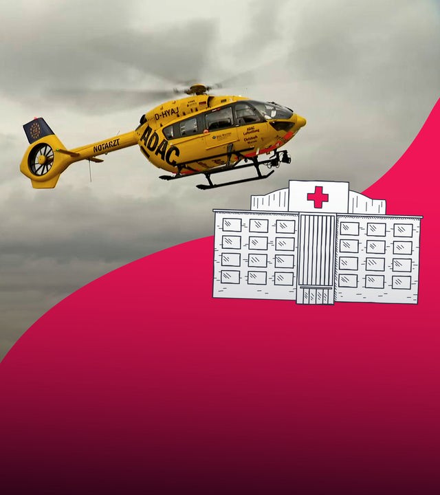 Bildcollage: Rettungshubschrauber am Himmel, daneben grafisches Krankenhaus auf roten Hintergrund