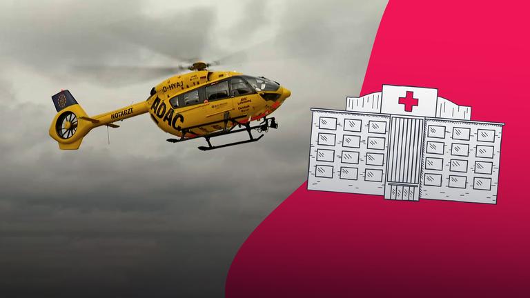 Bildcollage: Rettungshubschrauber am Himmel, daneben grafisches Krankenhaus auf roten Hintergrund