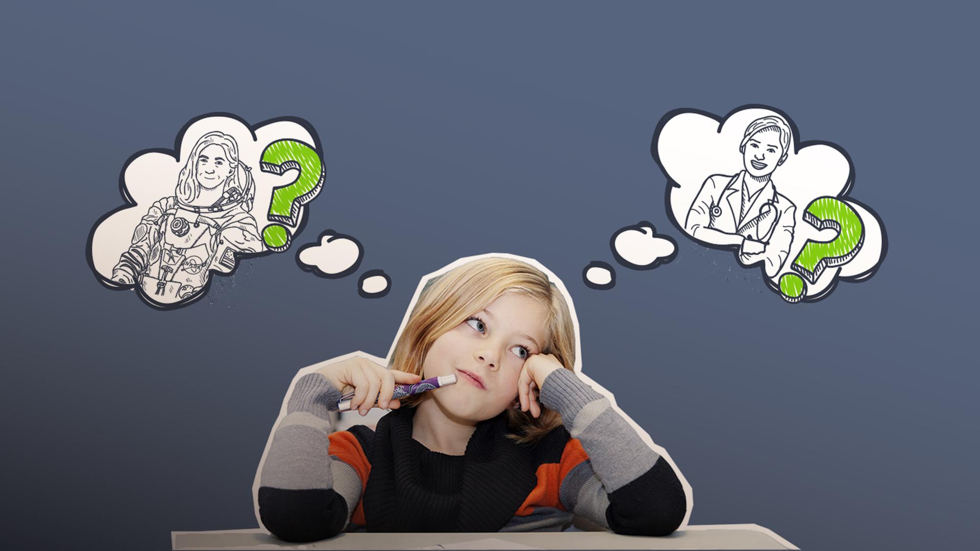 Mädchen denkt nach, zewi Gedankenblasen mit Fragezeichen, eine mit einer Astronautin, eine mit einer Ärztin