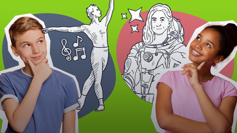 Mädchen und Junge denken über ihren späteren Traumberuf nach.