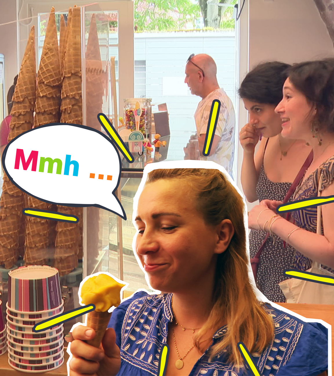 Magdalena in der Eisdiele, im Vordergrund sie mit Cutout Eis essend, grafisches Eis