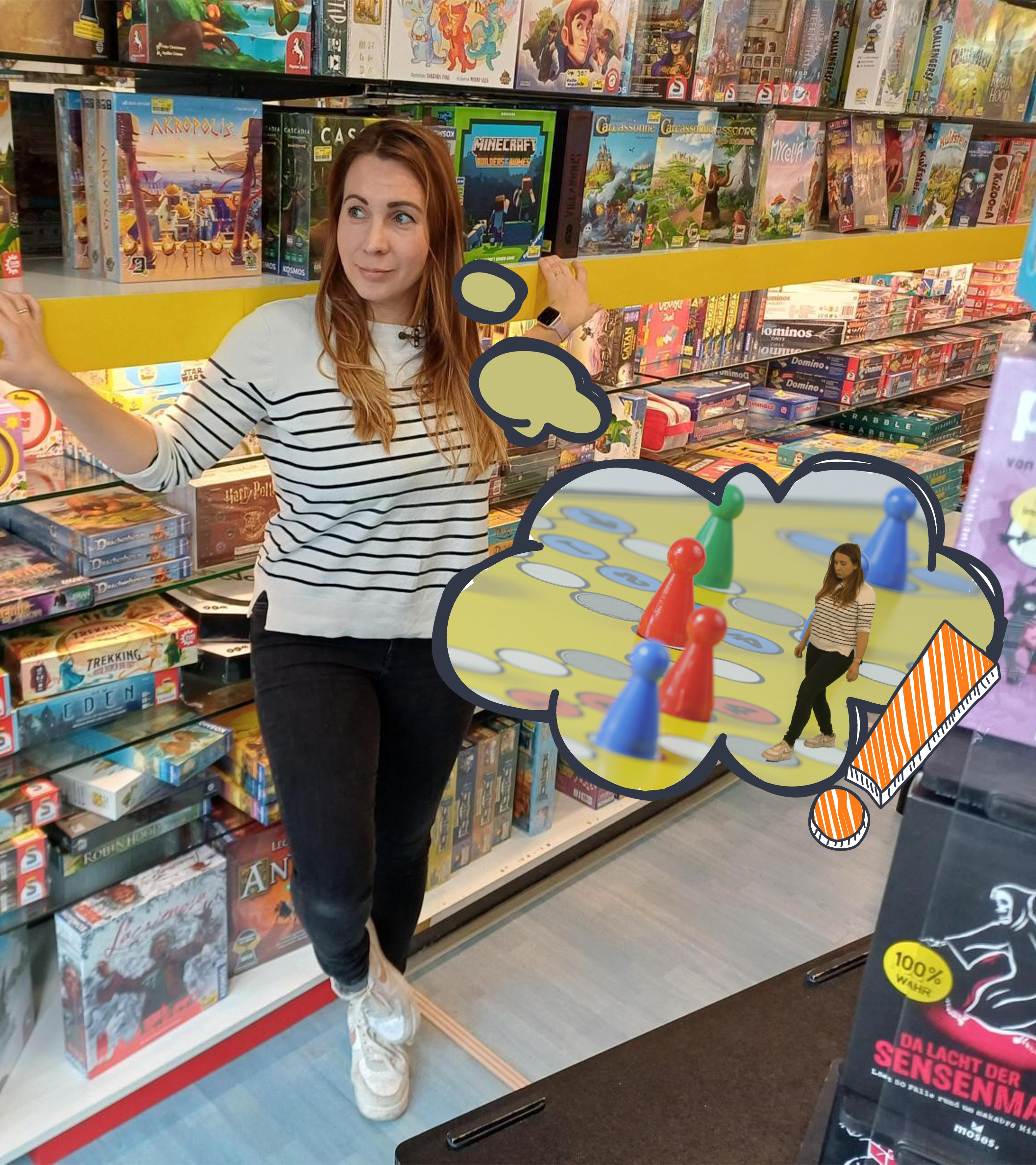 Magdalena  in einem Spieleladen, Gedankenblase mit ihr in einem Mensch-ärger-dich-nicht-Feld