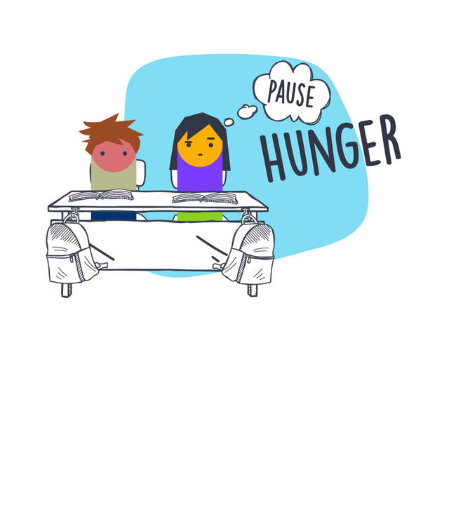 Grafik: Zwei Kinder sitzen an der Schulbank, eins davon denkt an das Wort Pause, daneben steht Hunger.