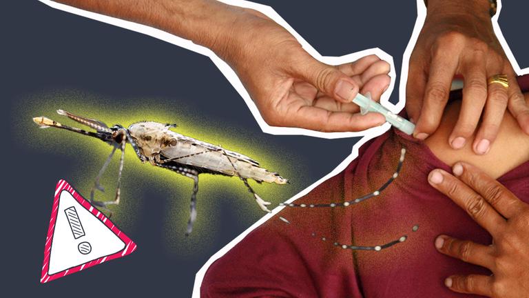 Ein Kind wird gegen Malaria geimpft, im Vordergrund Anophelesmücke und Warnschild