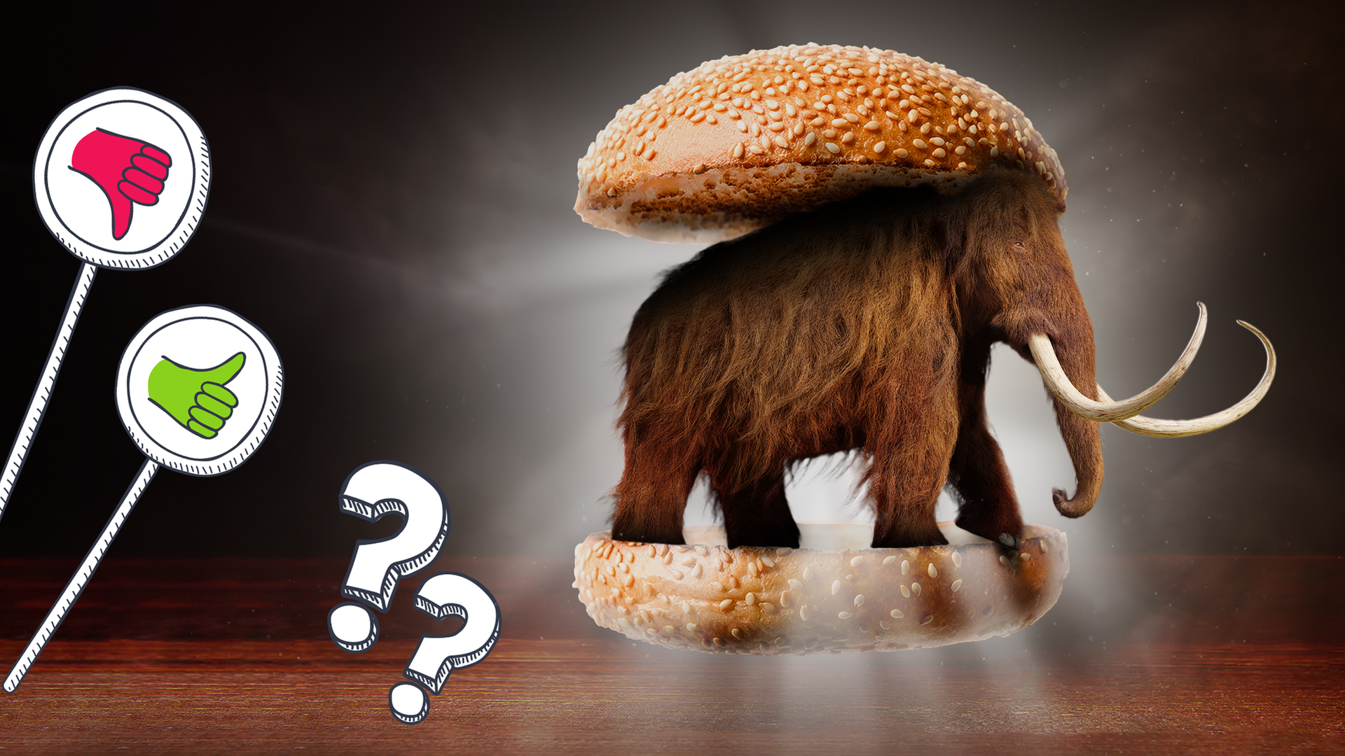 Burger mit Mammut und Daumen-hoch-Daumen-runter-Schildern und zwei Fragezeichen