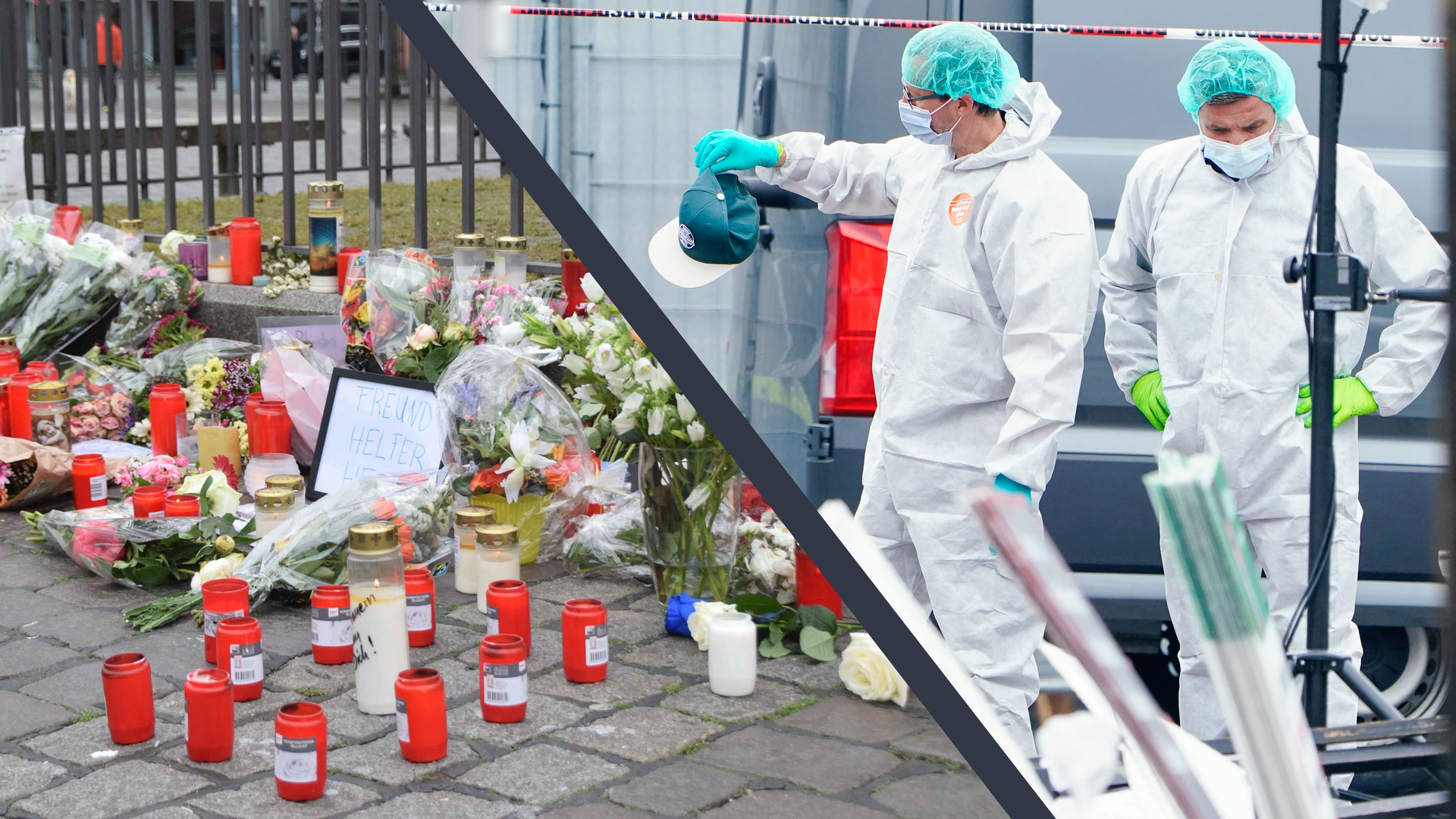 Tatort in Mannheim wir untersucht, Kerzen und Trauer um getöteten Polizisten