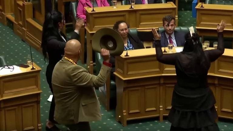 Innenaufnahme neuseeländisches Parlament, drei Abgeordnete beim Haka