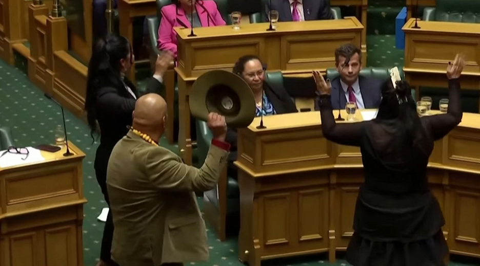 Innenaufnahme neuseeländisches Parlament, drei Abgeordnete beim Haka