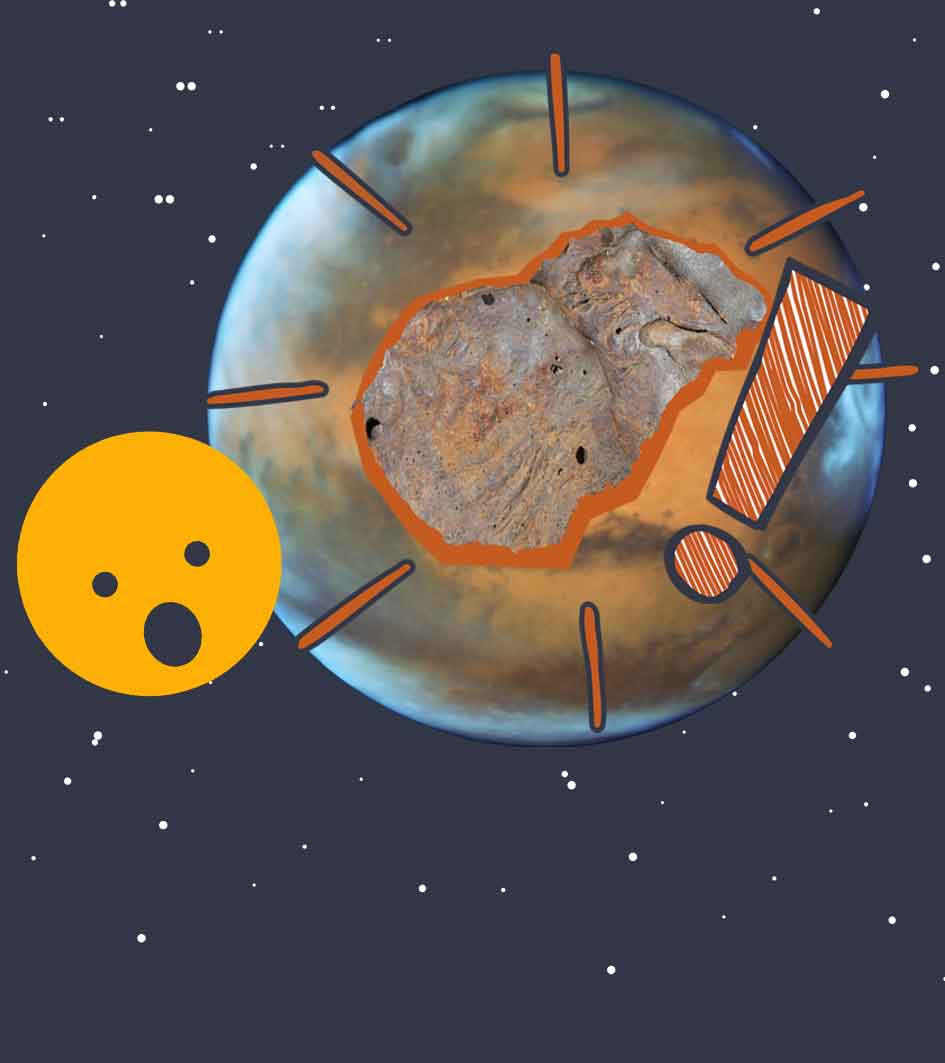 Mars im All mit einem Rostflecken und einem erstaunten Gesicht.