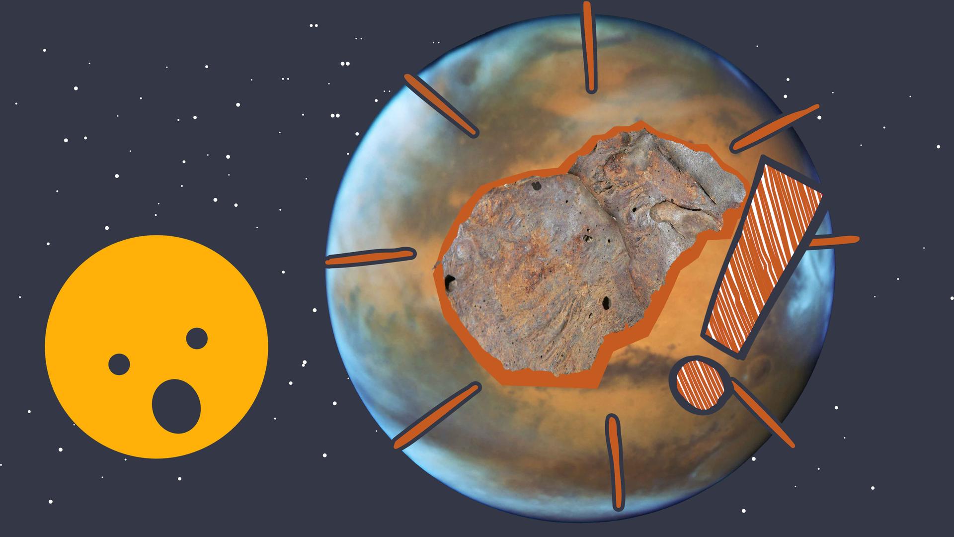 Mars im All mit einem Rostflecken und einem erstaunten Gesicht.