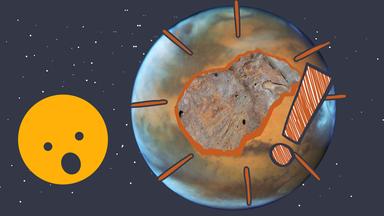 Mars im All mit einem Rostflecken und einem erstaunten Gesicht.
