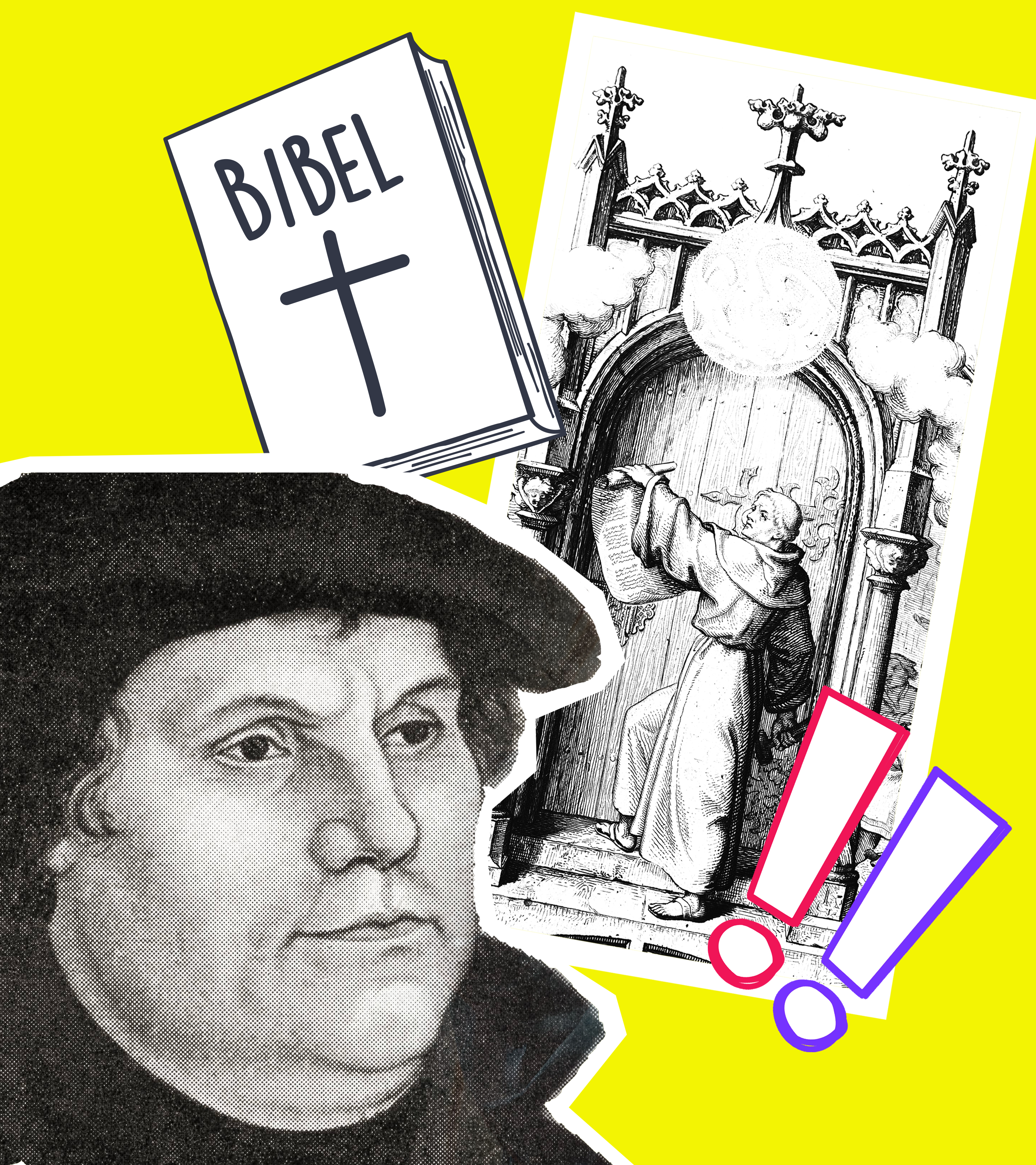 Martin Luther, die Bibel und eine Zeichnung von seinen Thesen