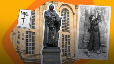 Martin Luther, die Bibel und eine Zeichnung von seinen Thesen