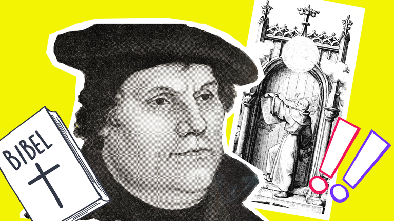 Martin Luther, die Bibel und eine Zeichnung von seinen Thesen