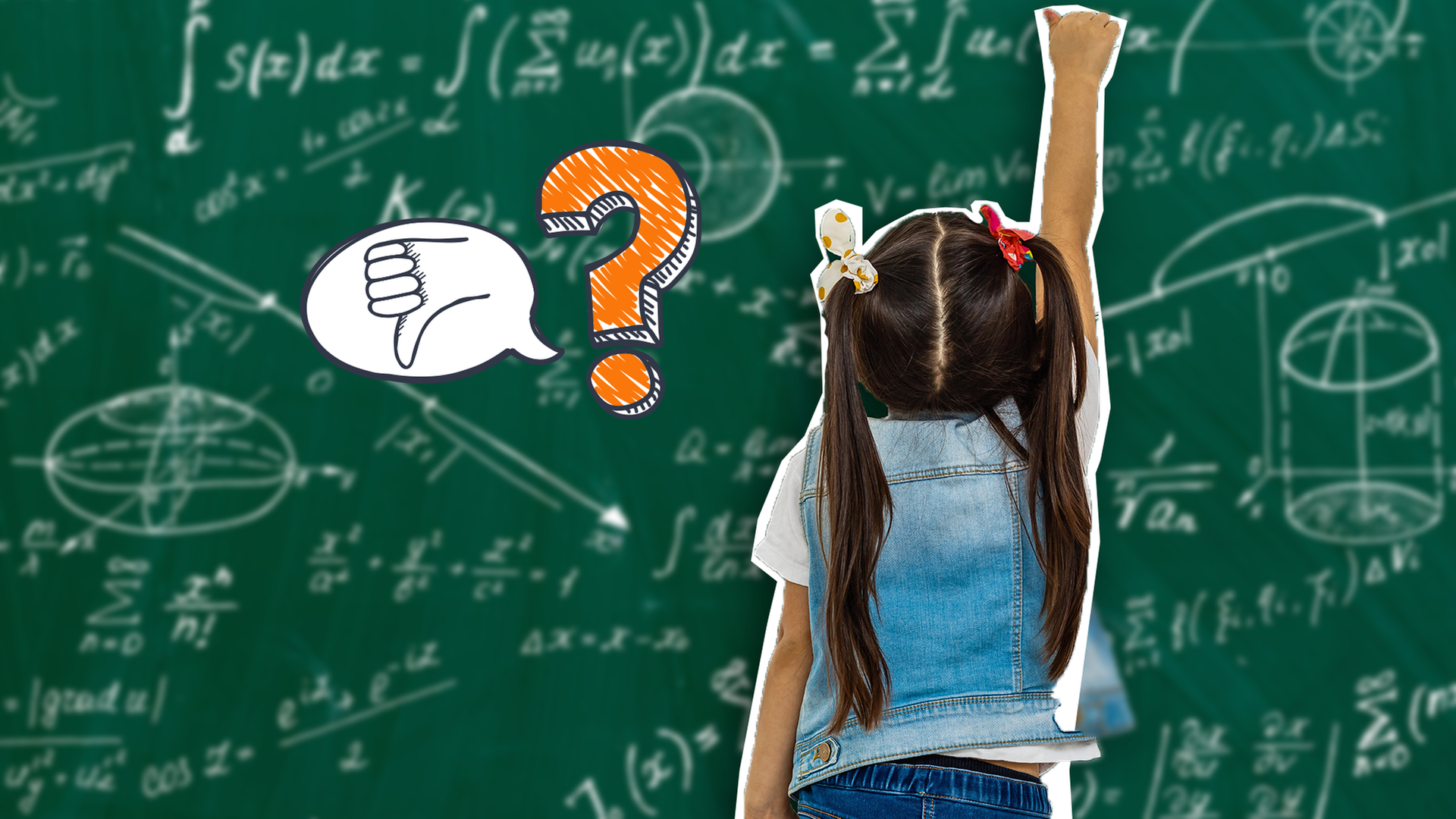 Ein Mädchen vor einer Schultafel mit Matheformeln. Dazu ein Fragezeichen und ein Daumen nach unten. 