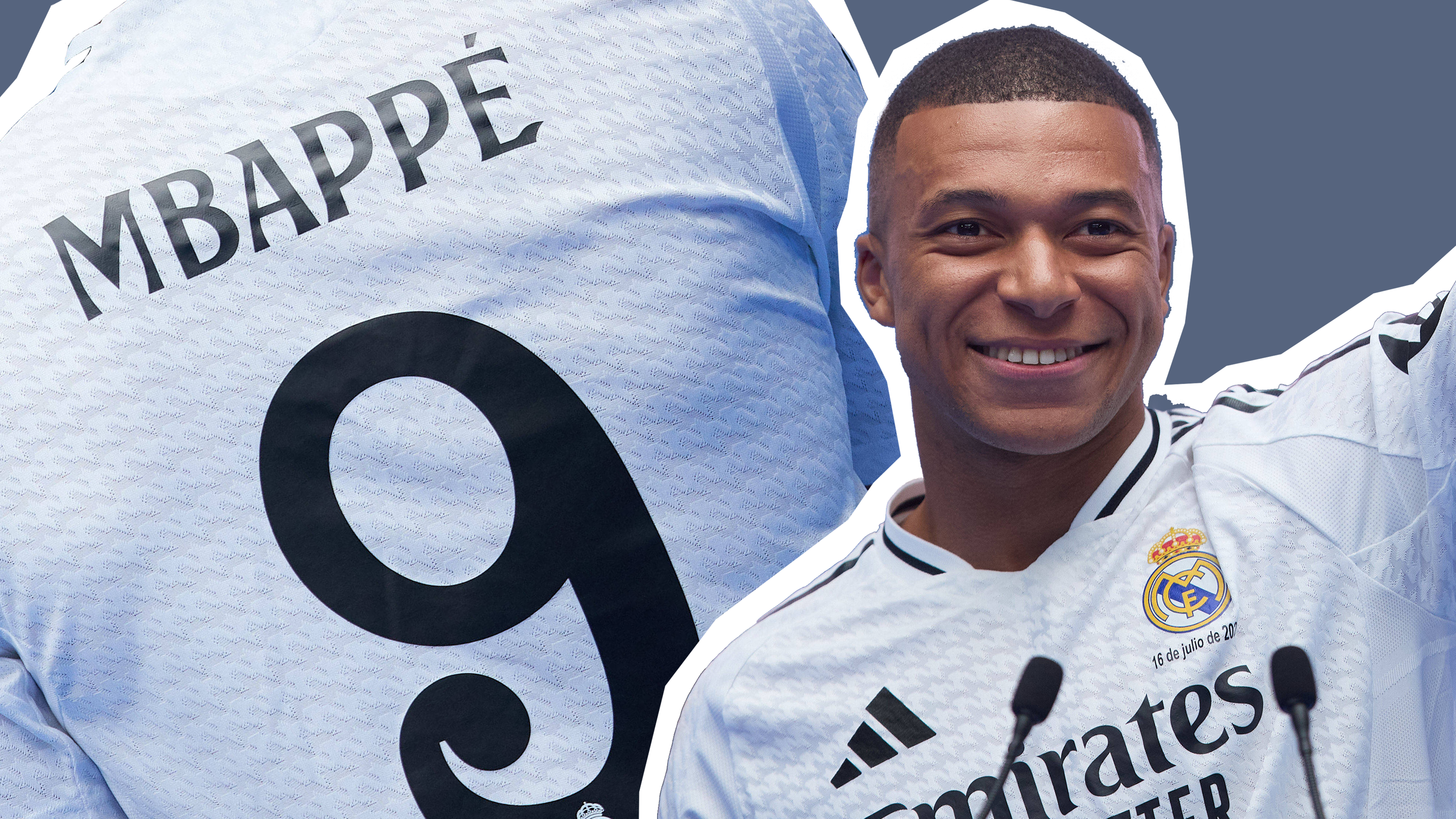 Mbappé winkt und grinst, im Hintergrund das neue Real-Madrid-Trikot mit der Nummer neun