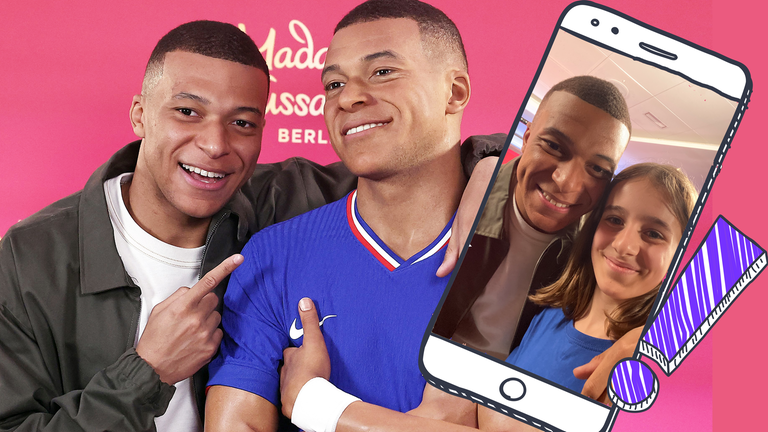 Mbappé als Wachsfigur mit Mbappé und Selfie mit Kinderreporterin