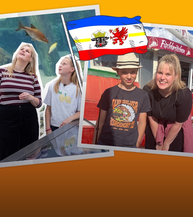 In der Mitte eine Flagge mit dem Wappen von Mecklenburg-Vorpommern, links und rechts jeweils ein Foto mit weißem Rahmen. Auf dem linken Foto ist ein Fischkutter zu sehen, vor dem ein Junge mit Hut steht und neben ihm Reporterin Isabelle, beide lächeln in die Kamera. Rechts sind Isabelle und ein Mädchen zu sehen, die beide nach oben schauen. Im Hintergrund ist ein Aquarium. 
