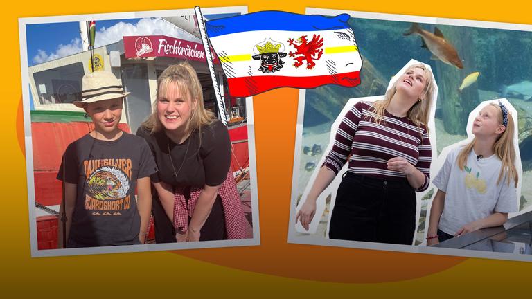 In der Mitte eine Flagge mit dem Wappen von Mecklenburg-Vorpommern, links und rechts jeweils ein Foto mit weißem Rahmen. Auf dem linken Foto ist ein Fischkutter zu sehen, vor dem ein Junge mit Hut steht und neben ihm Reporterin Isabelle, beide lächeln in die Kamera. Rechts sind Isabelle und ein Mädchen zu sehen, die beide nach oben schauen. Im Hintergrund ist ein Aquarium. 