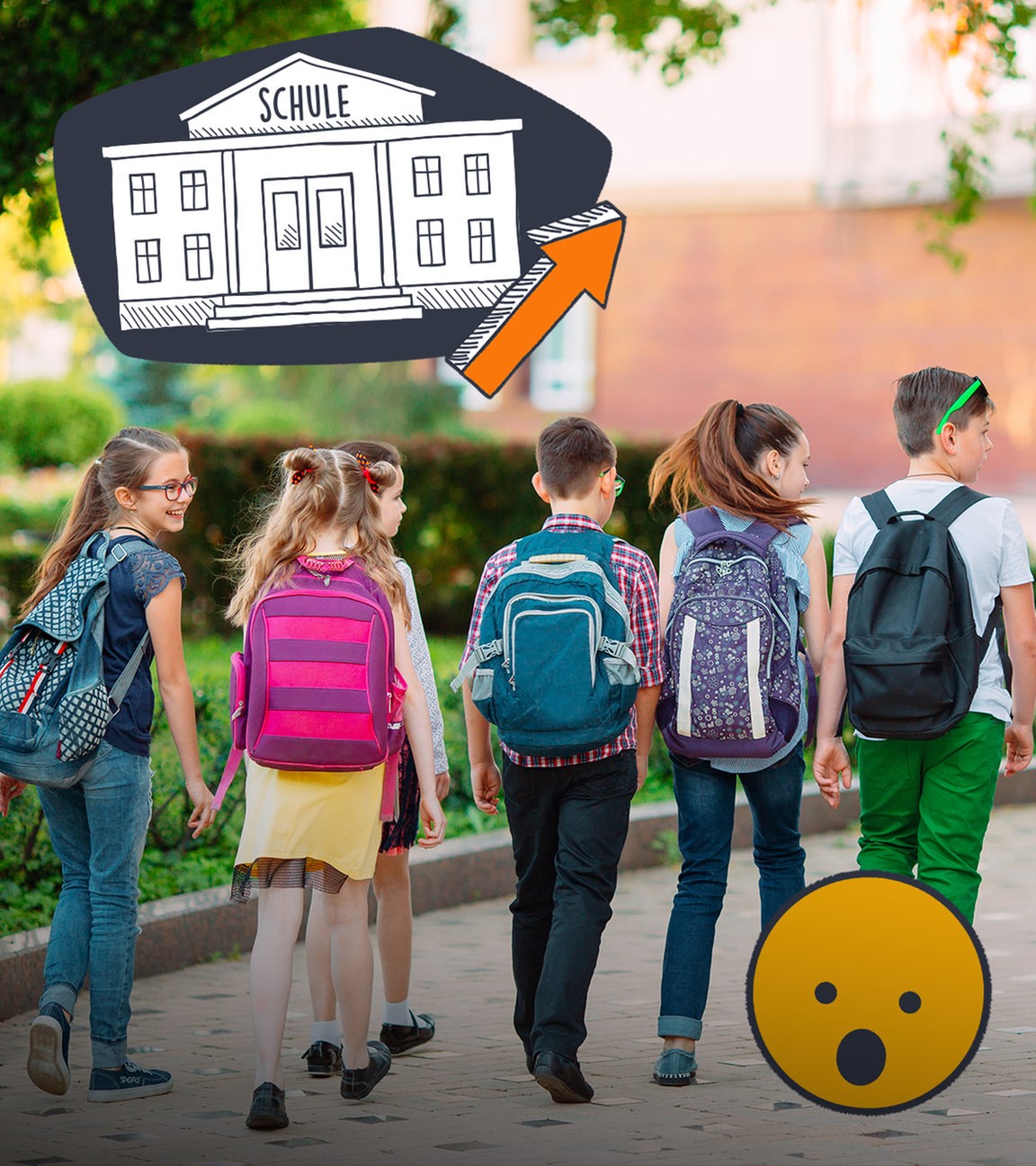Acht Schüler*innen von hinten mit Schulranzen und überraschtes Emoji