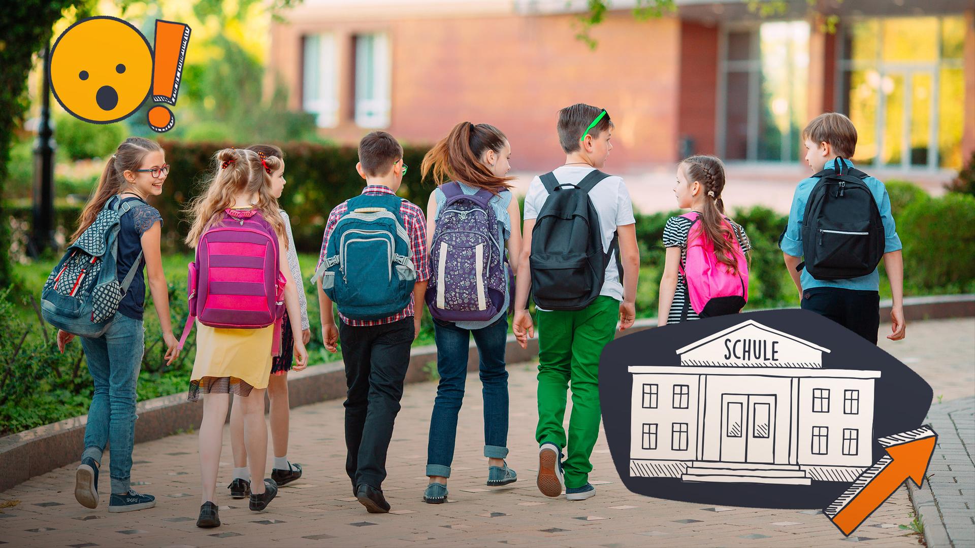 Acht Schüler*innen von hinten mit Schulranzen und überraschtes Emoji