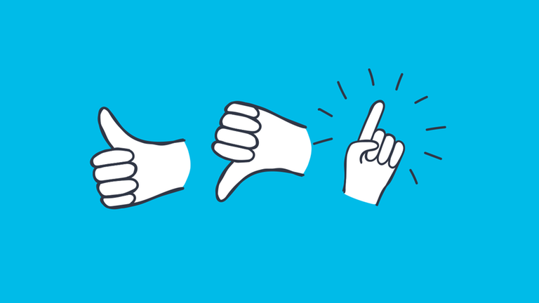 Hände zeigen Daumen hoch, Daumen runter und Idee.