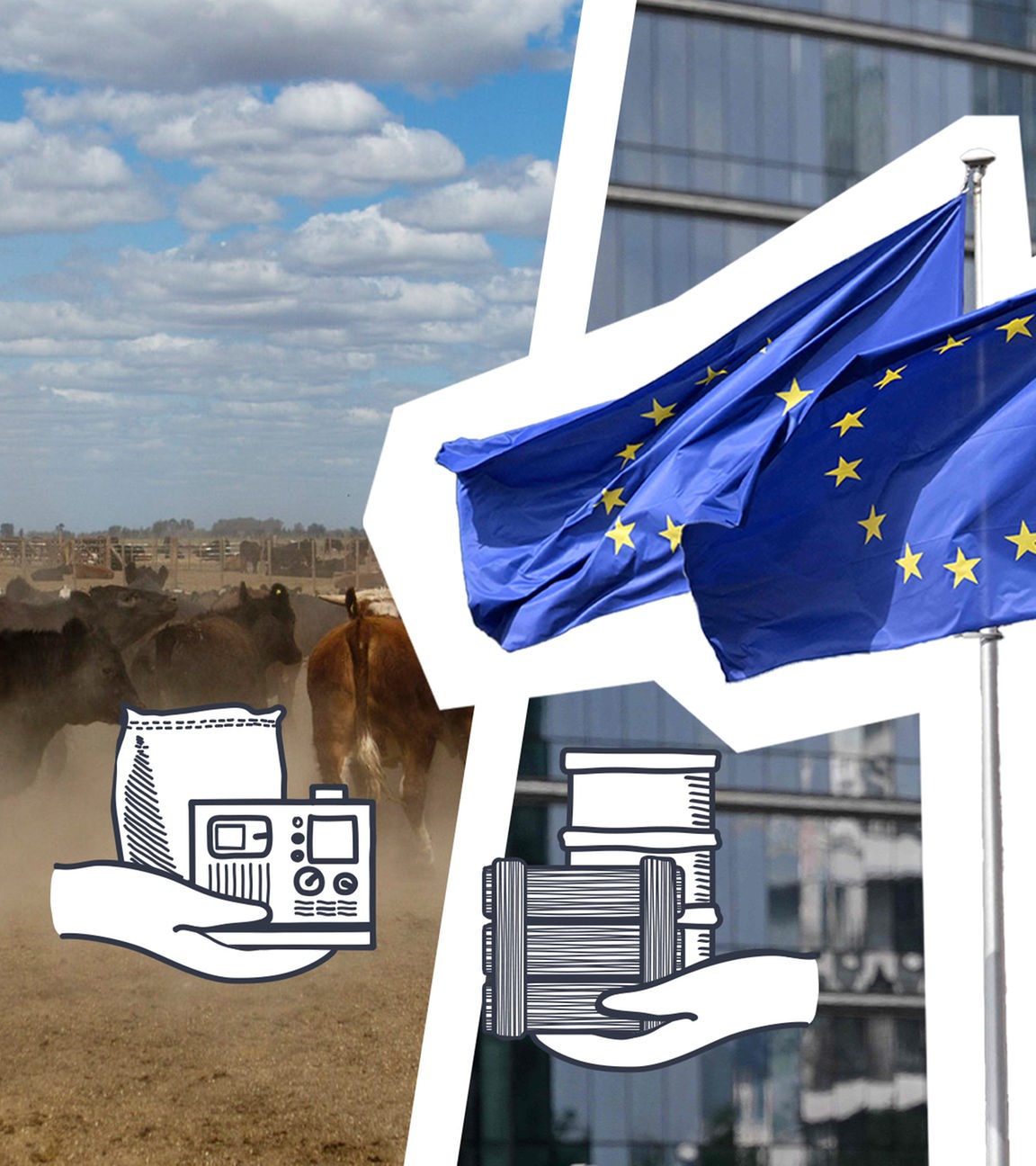 Links sieht man eine Kuhherde in Argentinien, rechts Flaggen der EU, darüber zwei Hände, die Waren miteinander austauschen