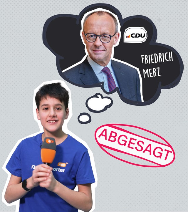 Kinderreporter Ilian mit einer Gedankenblase, in der Friedrich Merz auf schwarzem Grund mit Parteilogo und Namen drauf ist, dazu ein Stempel mit "Abgesagt".