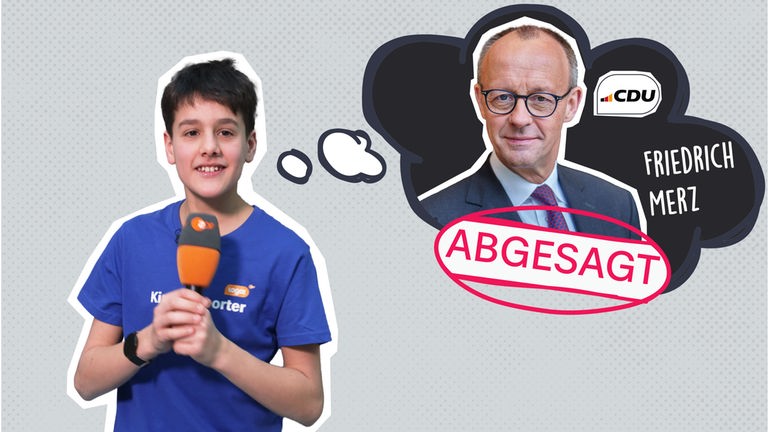 Kinderreporter Ilian mit einer Gedankenblase, in der Friedrich Merz auf schwarzem Grund mit Parteilogo und Namen drauf ist, dazu ein Stempel mit "Abgesagt".