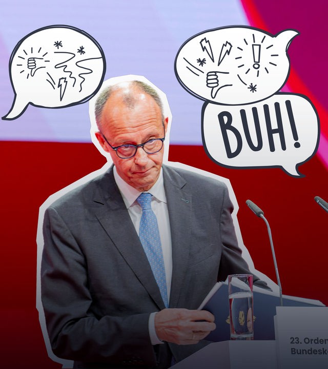 Collage: Cutout Friedrich Merz bei Rede, daneben grafische Sprechbalsen mit "BUH" und wütenden Symbolen