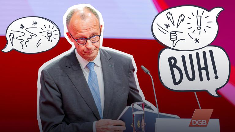 Collage: Cutout Friedrich Merz bei Rede, daneben grafische Sprechbalsen mit "BUH" und wütenden Symbolen