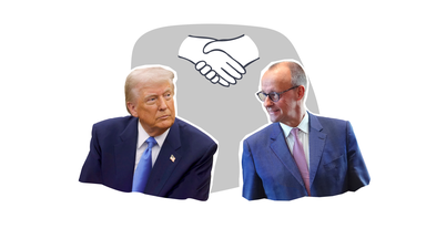 Merz und Trump ausgeschnitten, schauen sich gegenseitig an, darüber grafisches Handshake-Symbol