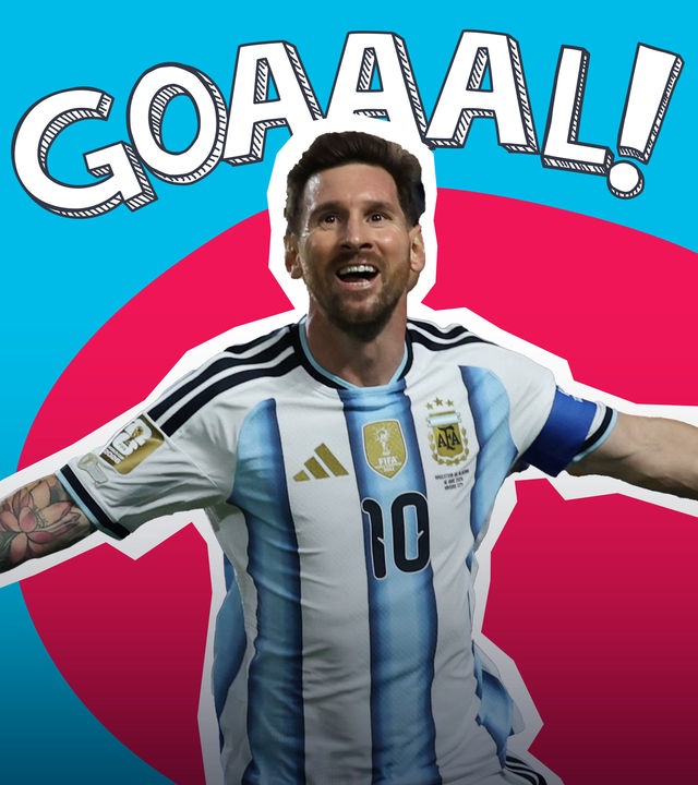 Zu sehen ist Lionel Messi der freudig seine Arme ausbreitet. Hinter ihm steht in Großbuchstaben GOAAAL! und der Hintergrund ist rot und blau gefärbt.